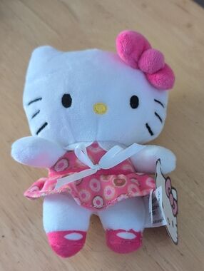 Sanrio Hello Kitty White Plush with Pink Bow and Pink Patterned Dress